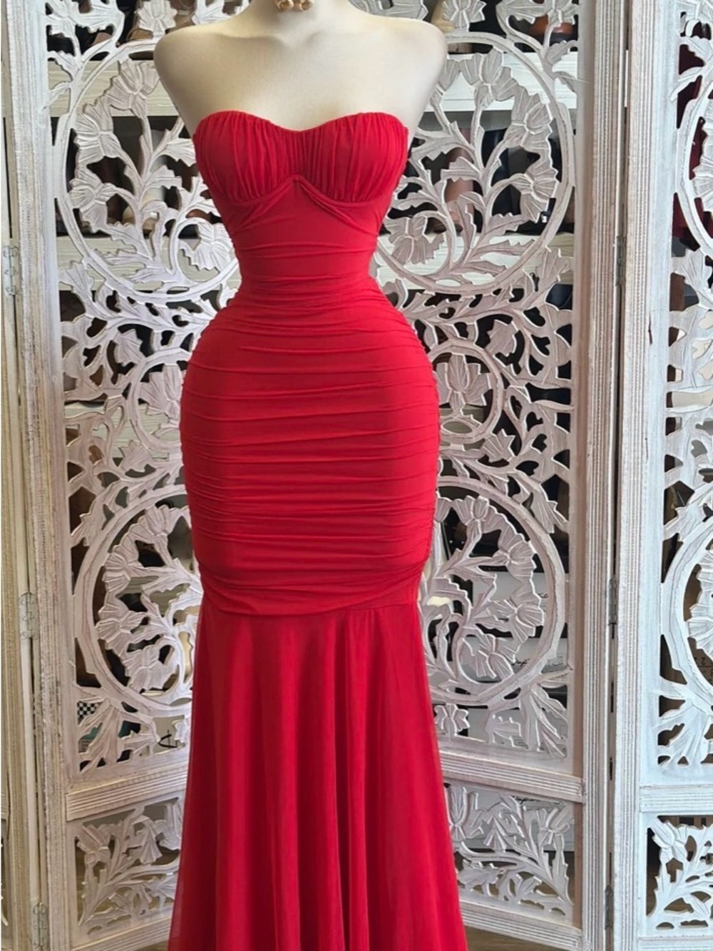 Strapless Ruched Red Mermaid Evening Dress